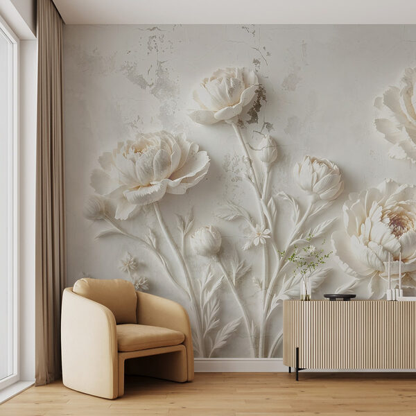Tallado de flores blancas en una pared Tallado de flores blancas en una pared