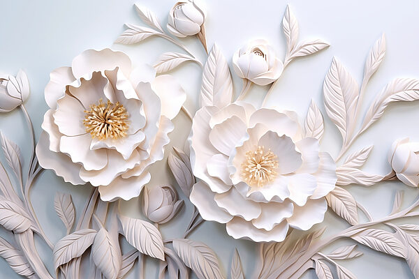 Flores y hojas blancas sobre una superficie blanca Flores y hojas blancas sobre una superficie blanca