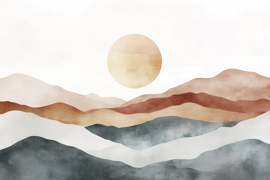 Pintura de montañas y sol