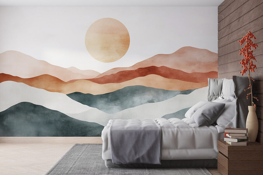 Pintura de montañas y sol