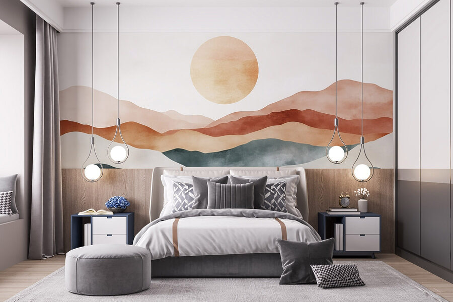 Pintura de montañas y sol