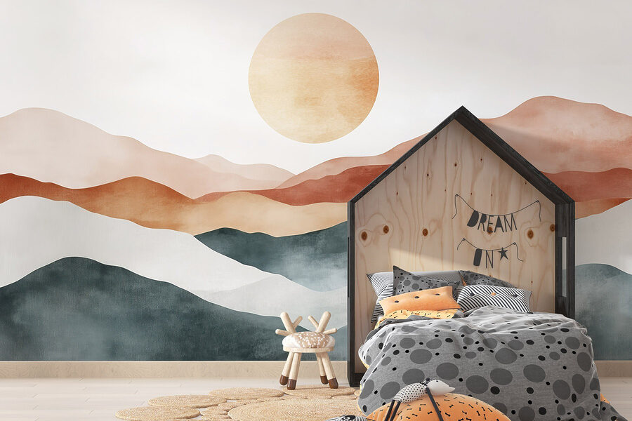 Pintura de montañas y sol