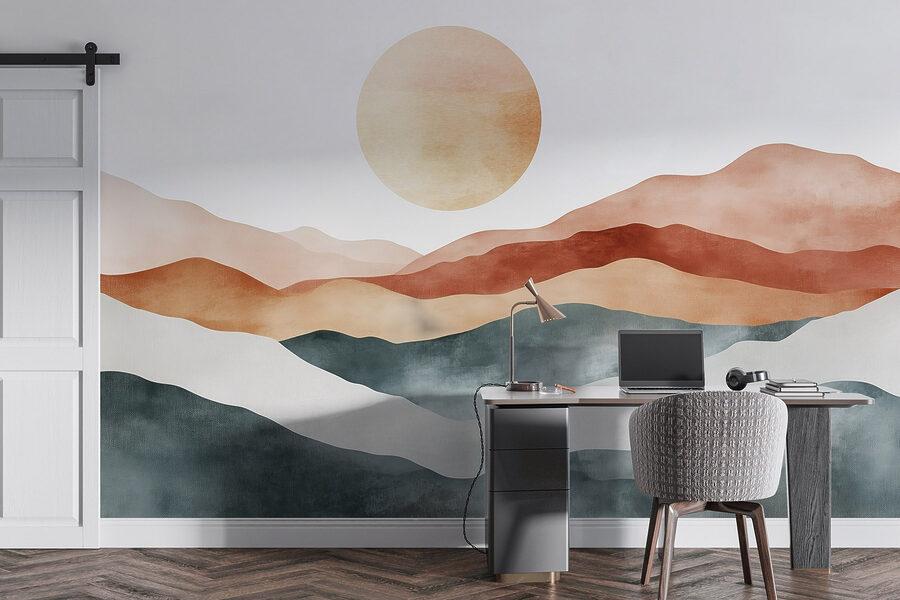 Pintura de montañas y sol