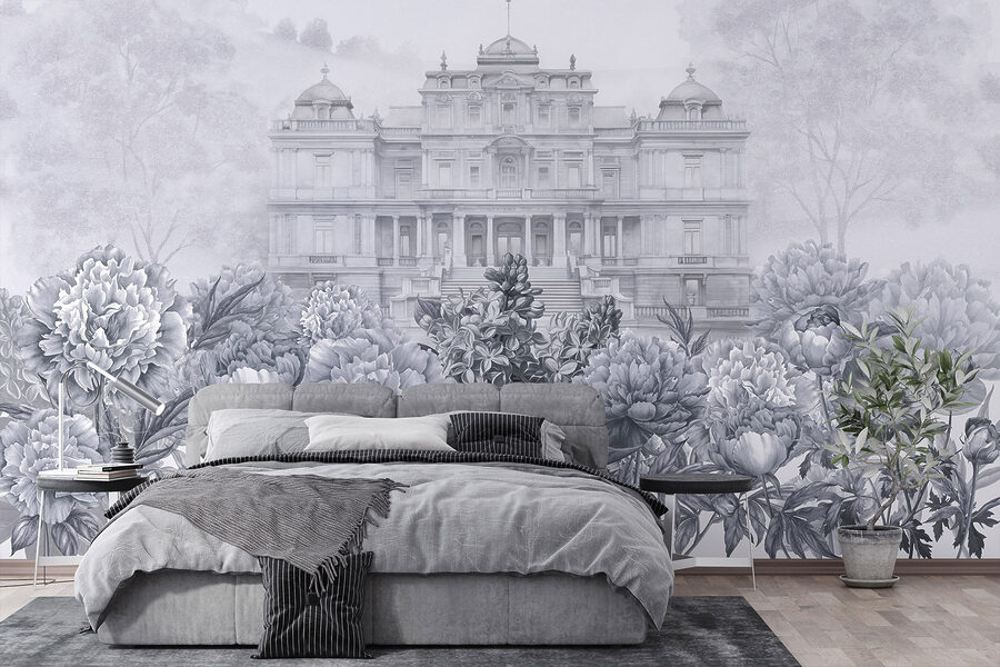 Gran edificio blanco con flores