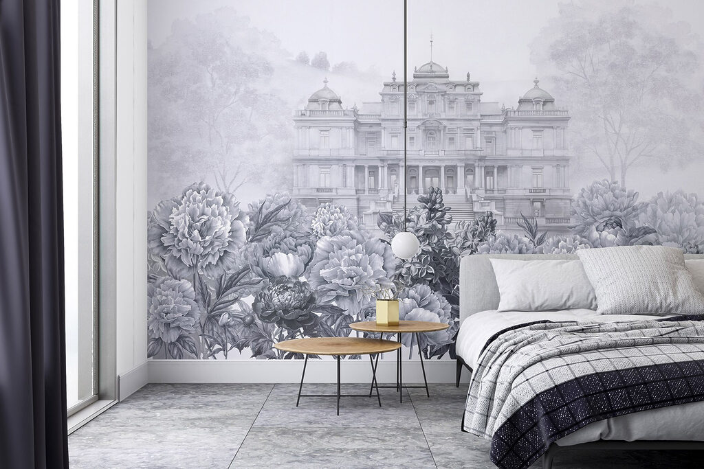 Large white building with flowers Large white building with flowers