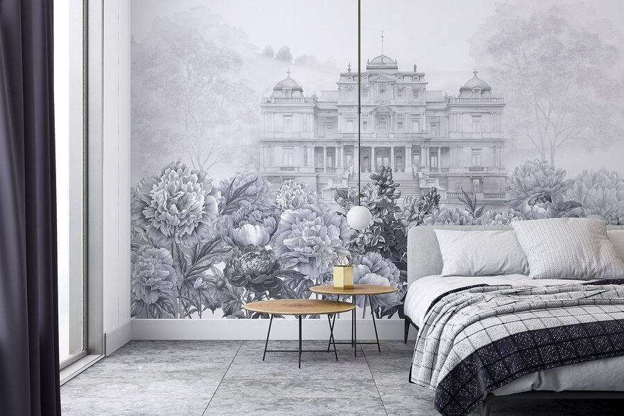Gran edificio blanco con flores