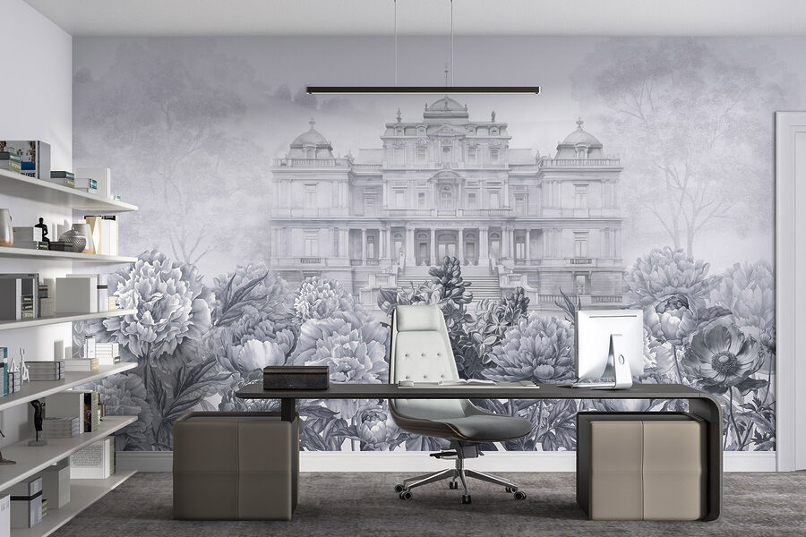 Gran edificio blanco con flores