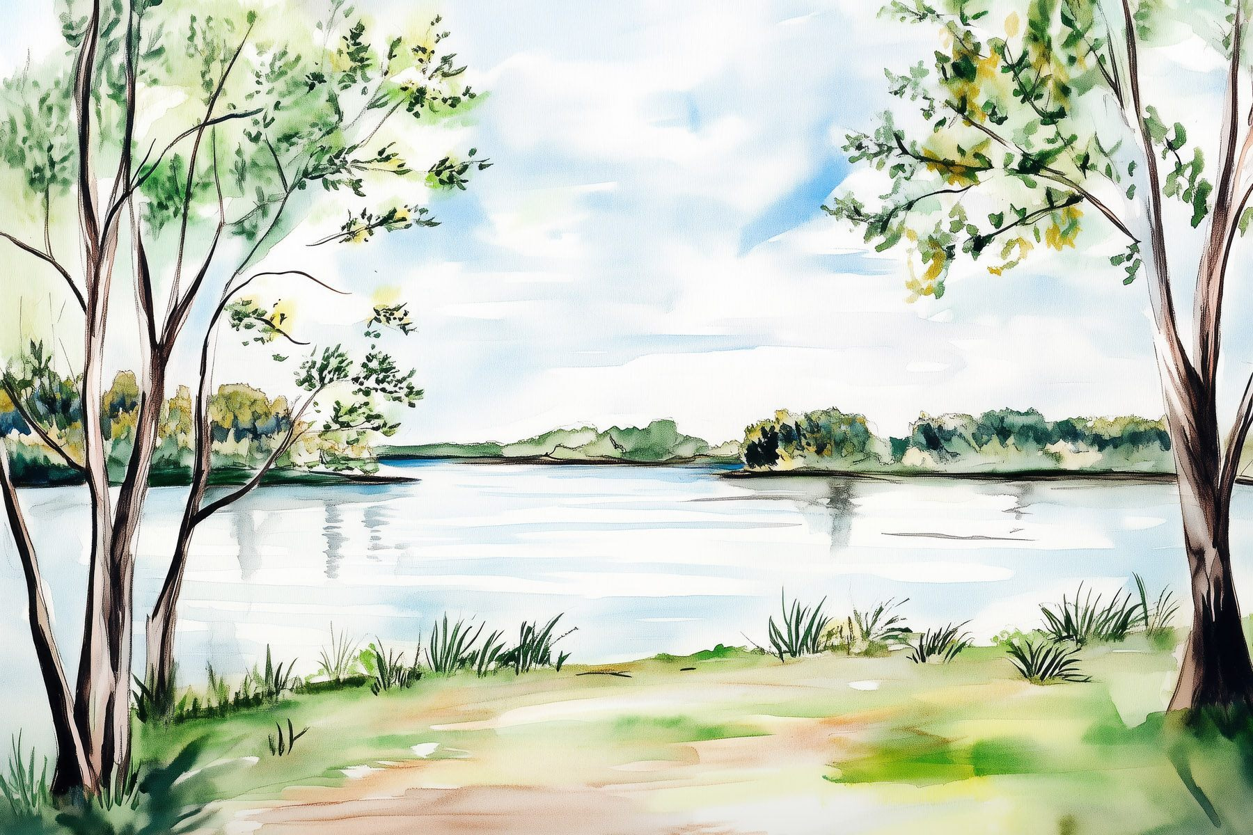 Watercolor of a lake with trees and grass Watercolor of a lake with trees and grass