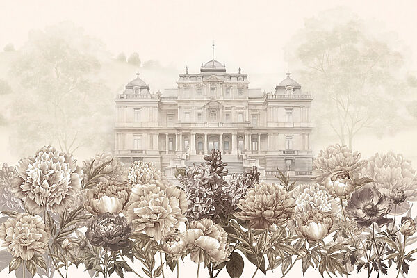 Large white building with flowers