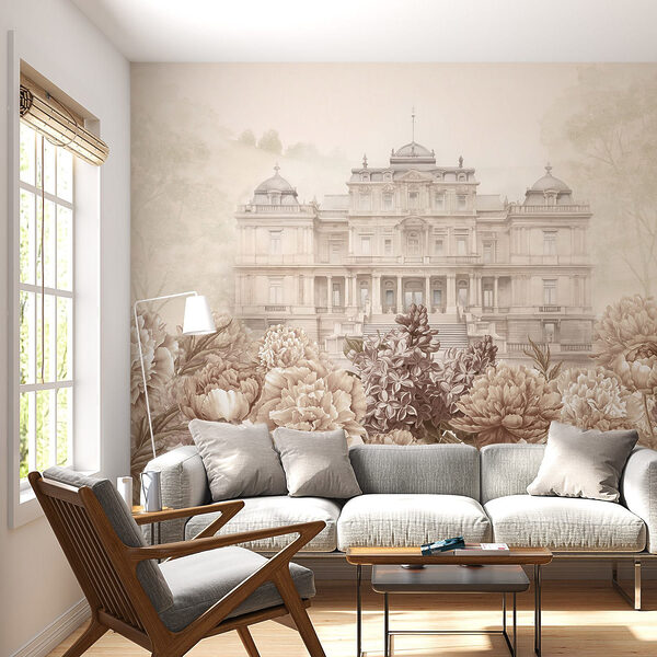 Large white building with flowers