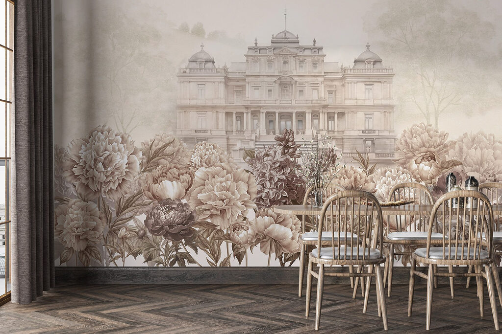 Large white building with flowers