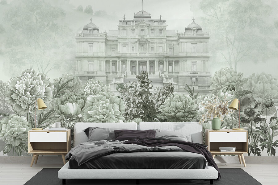 Gran edificio blanco con flores