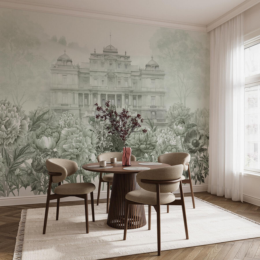Gran edificio blanco con flores