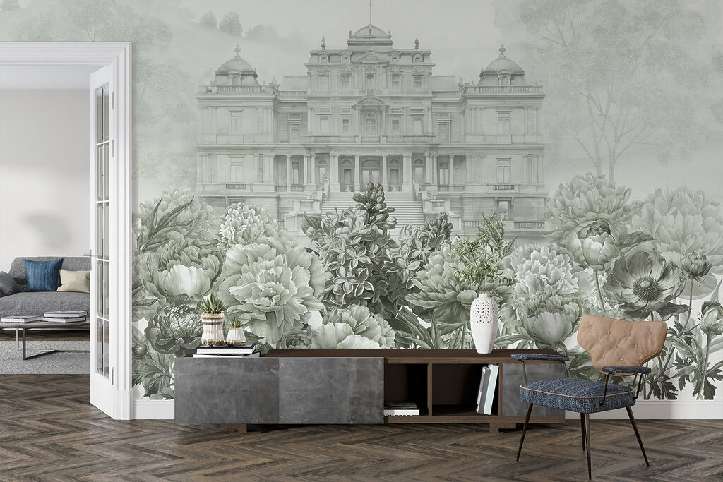 Large white building with flowers