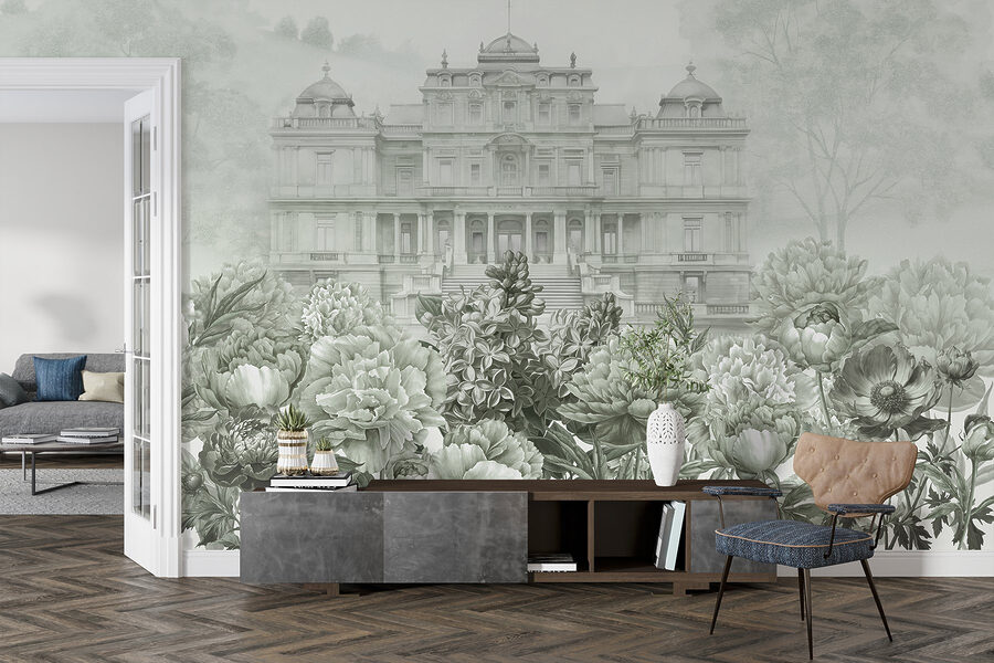 Gran edificio blanco con flores
