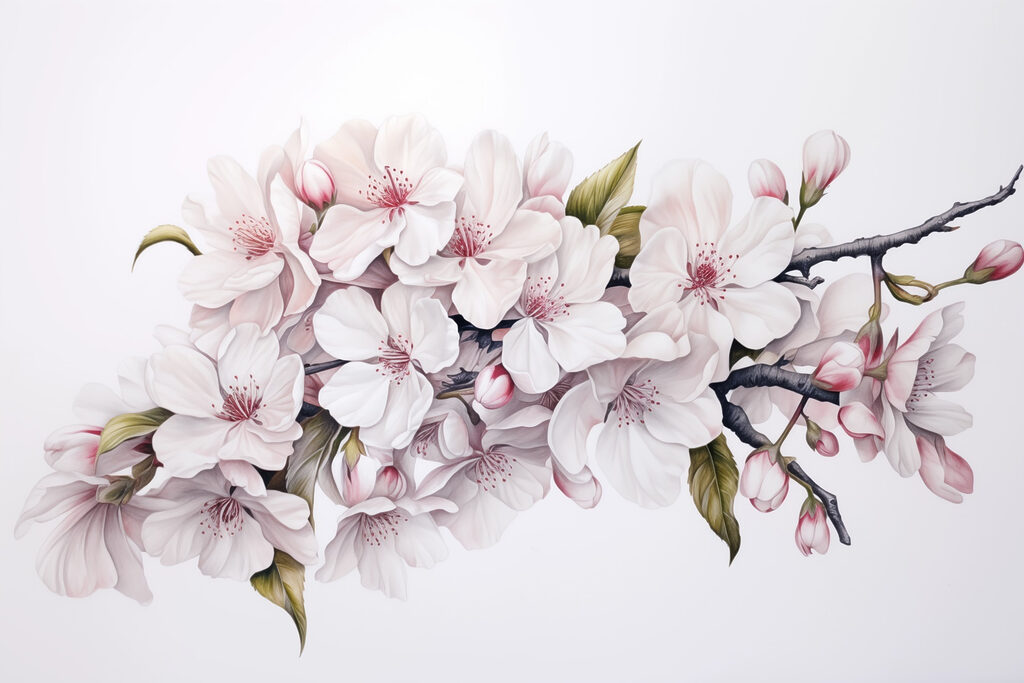 Pintura de flores blancas sobre una rama Pintura de flores blancas sobre una rama