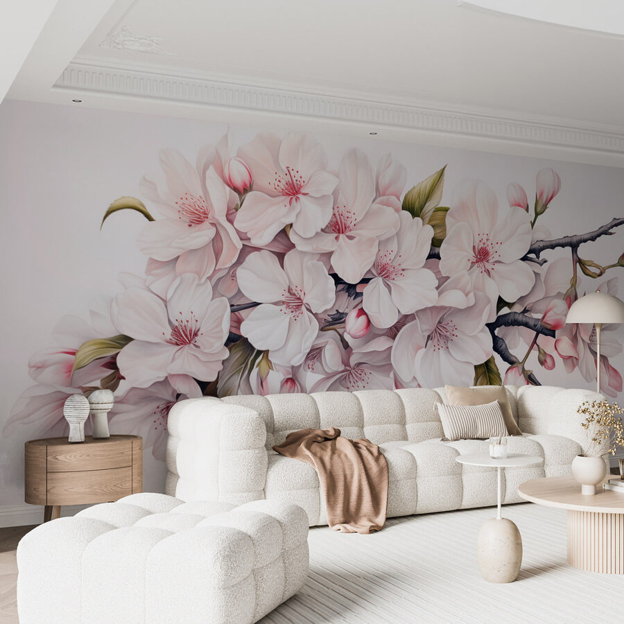 Pintura de flores blancas sobre una rama