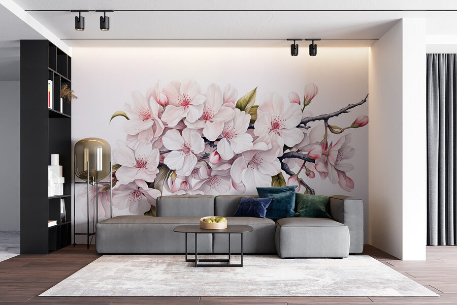 Pintura de flores blancas sobre una rama