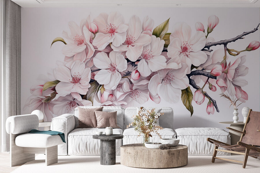 Pintura de flores blancas sobre una rama