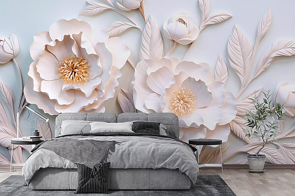 Flores y hojas blancas sobre una superficie blanca Flores y hojas blancas sobre una superficie blanca