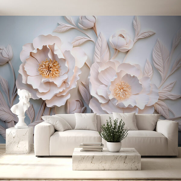 Flores y hojas blancas sobre una superficie blanca Flores y hojas blancas sobre una superficie blanca