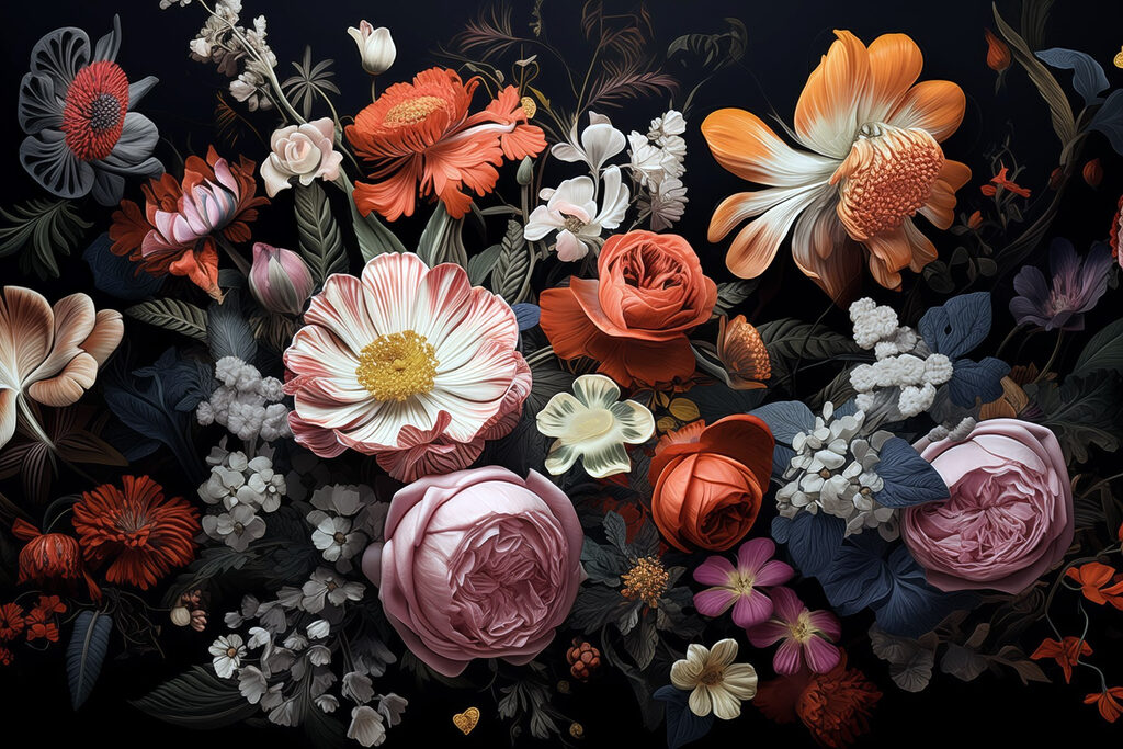 Grupo de flores sobre fondo negro Grupo de flores sobre fondo negro