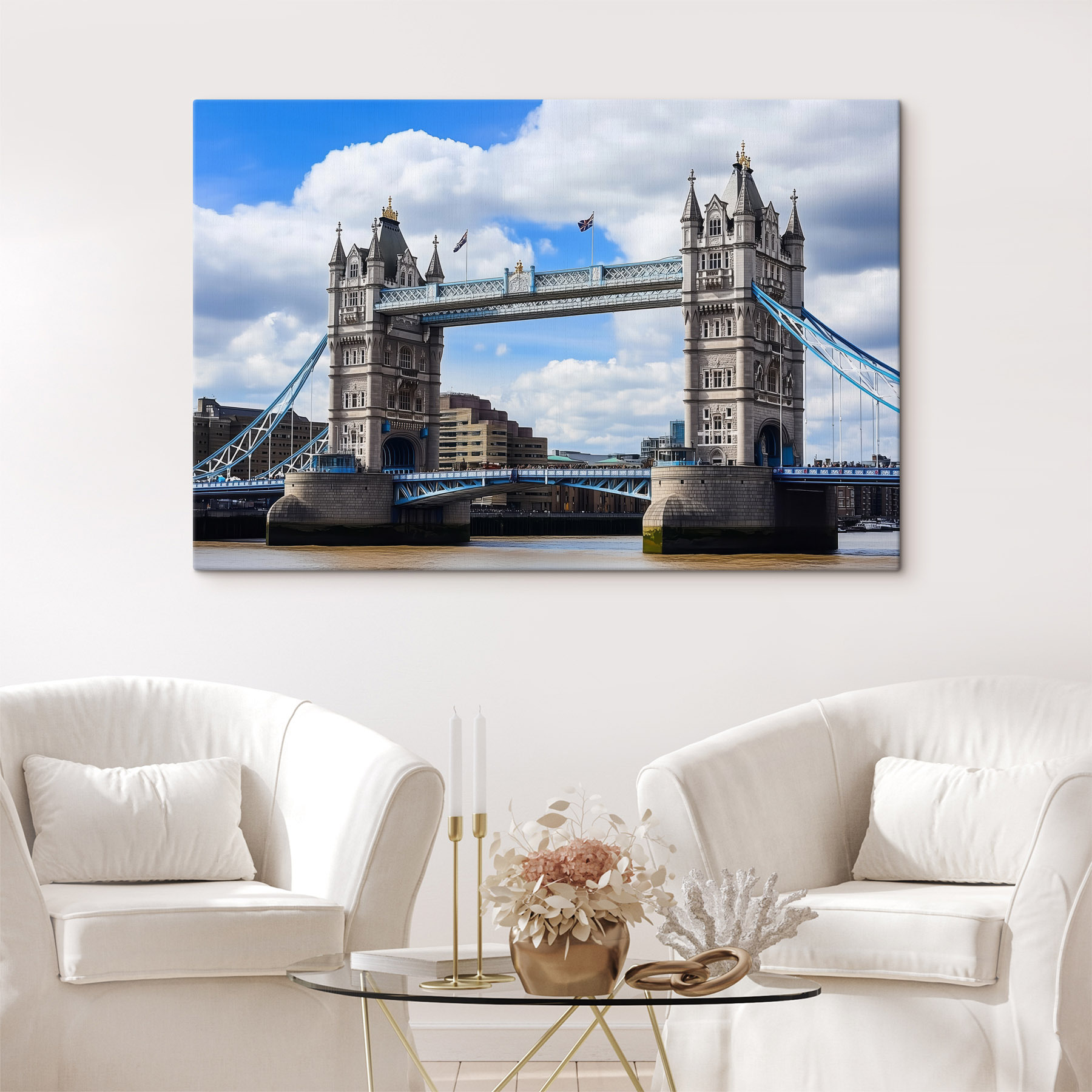 Bridge over water with towers and flags