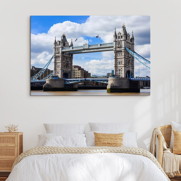 Bridge over water with towers and flags