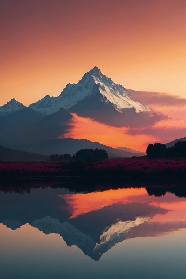 Mountain range with flowers and a lake