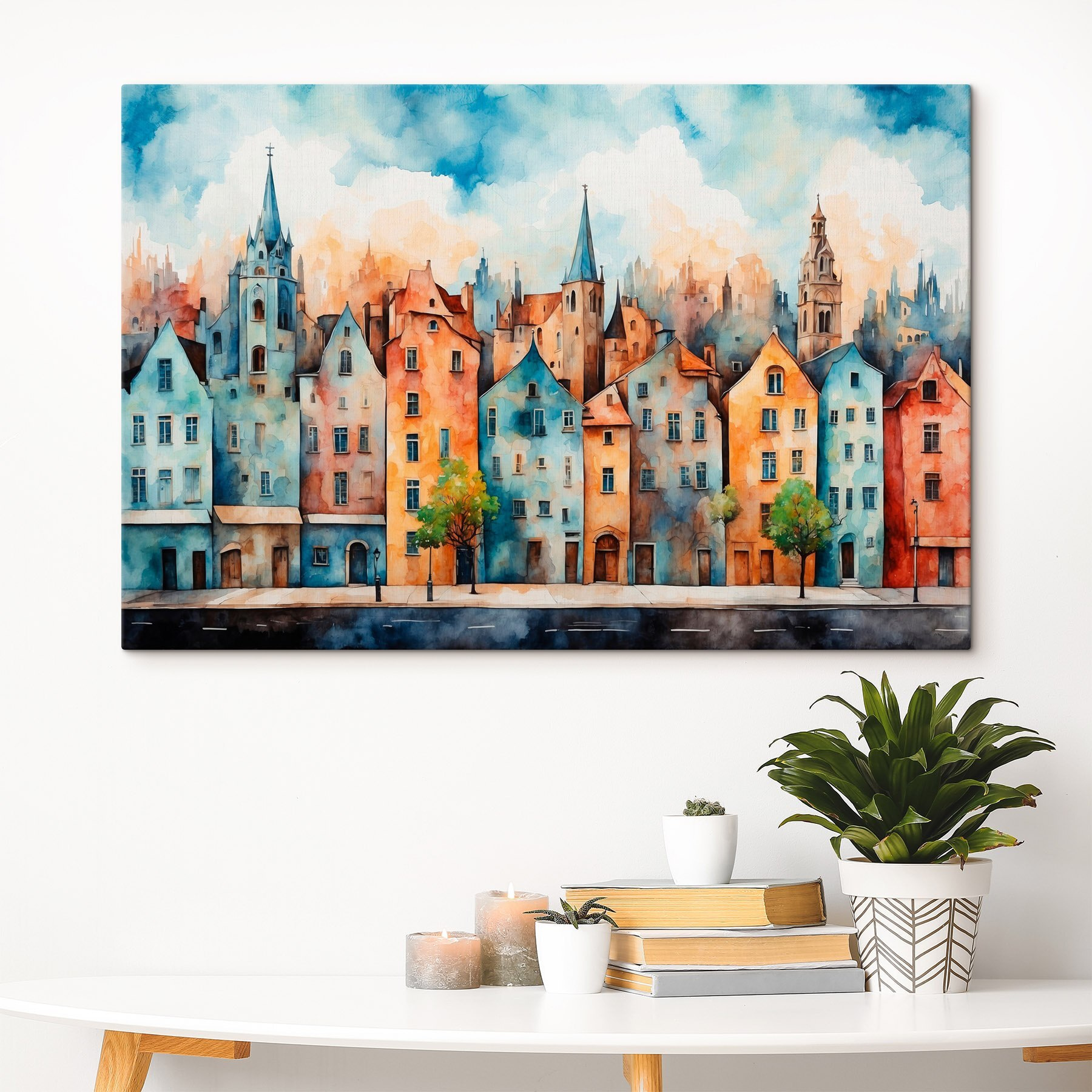 Watercolor of a row of buildings