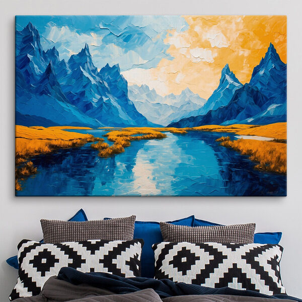 Cuadros Cuadro de un río con montañas y pradera
