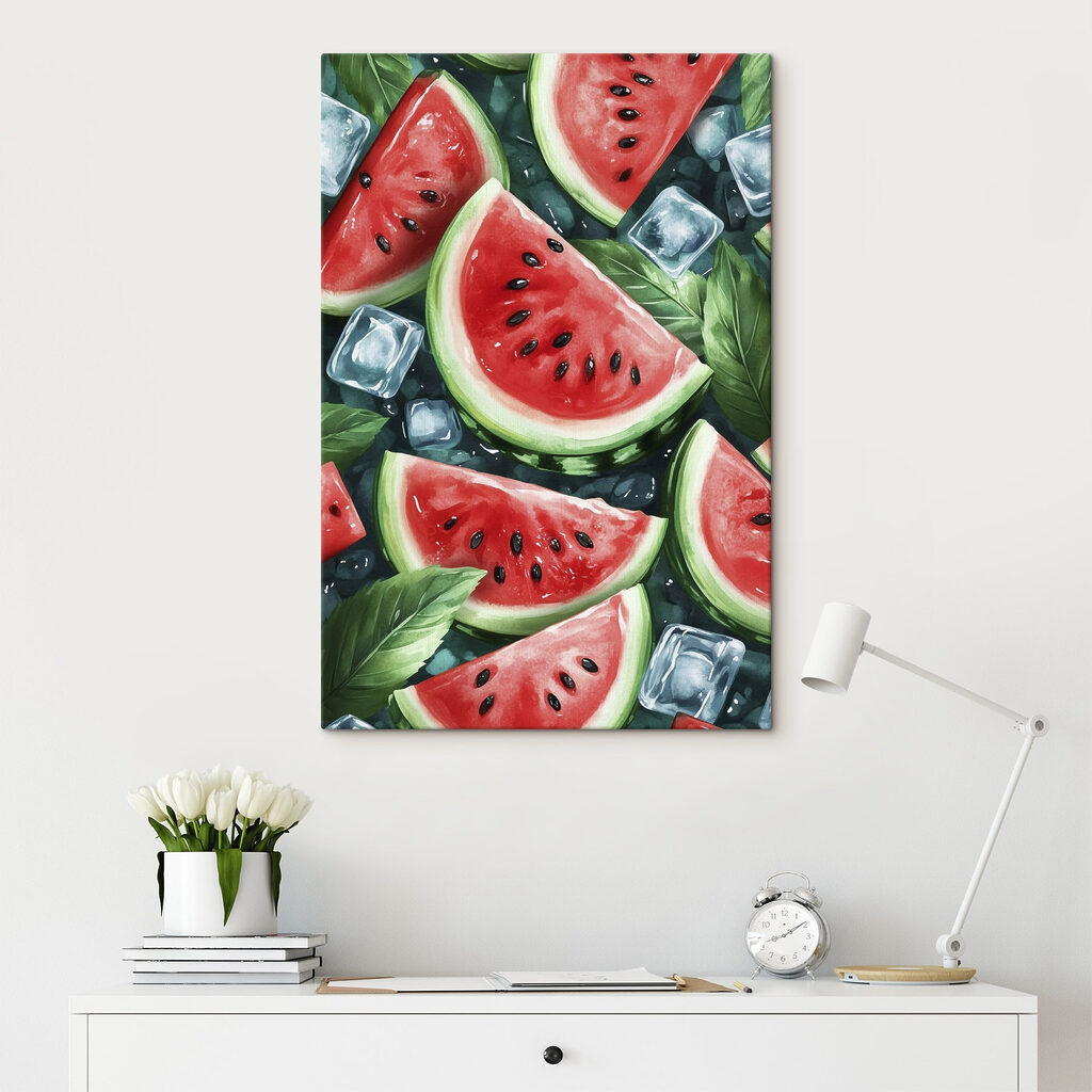 Watermelon slices and ice cubes on a surface Watermelon slices and ice cubes on a surface