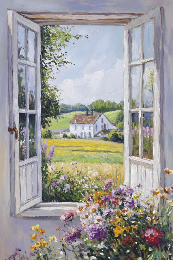Painting of a house seen through a window Painting of a house seen through a window