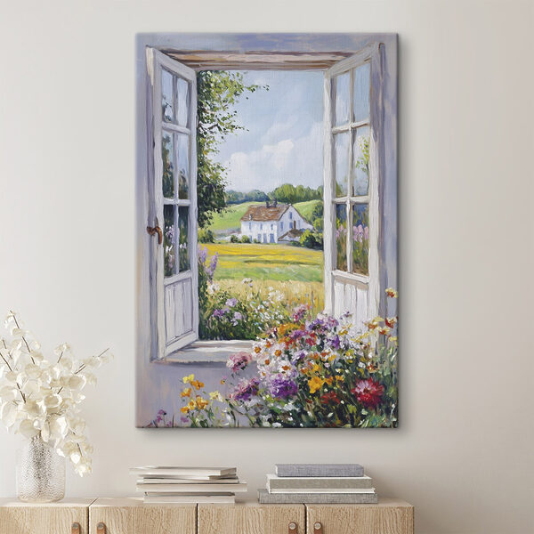 Painting of a house seen through a window Painting of a house seen through a window