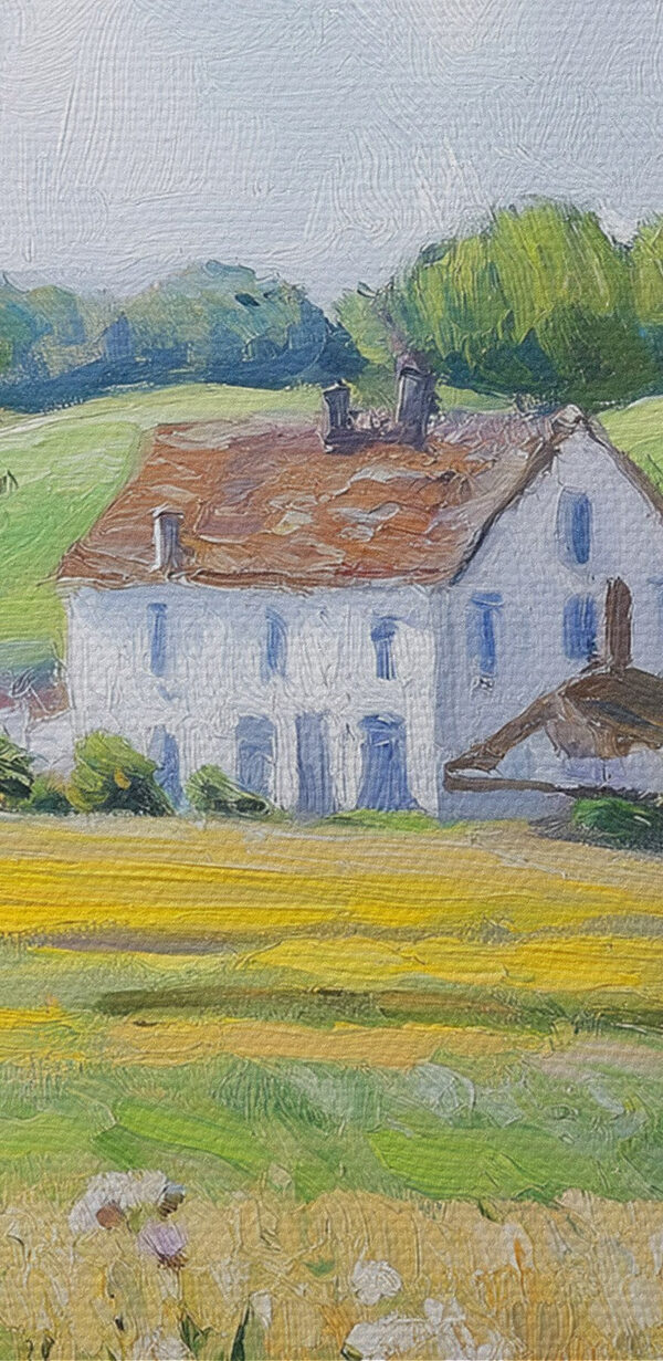 Painting of a house seen through a window Painting of a house seen through a window