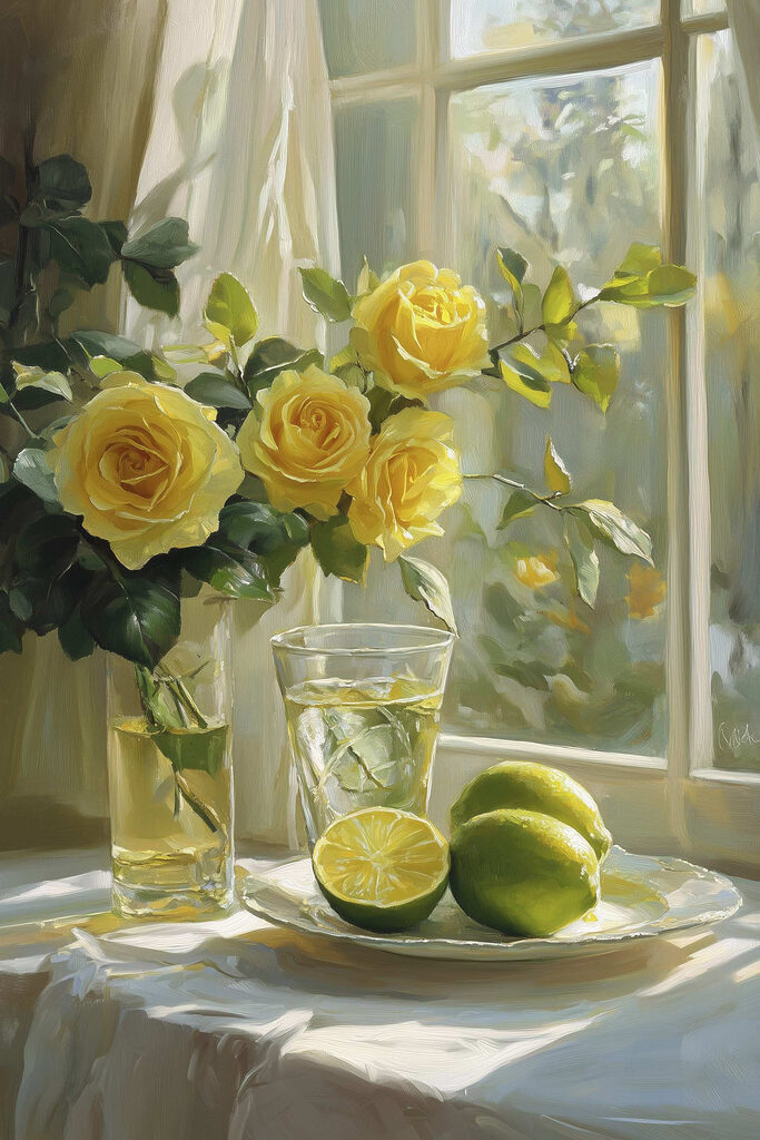 Yellow roses and lemons on a plate Yellow roses and lemons on a plate