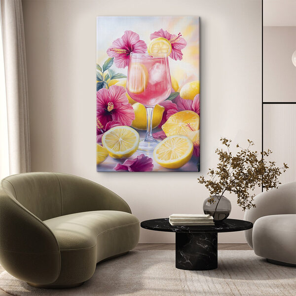 Vaso de bebida rosada con limones y flores Cuadros Vaso de bebida rosada con limones y flores