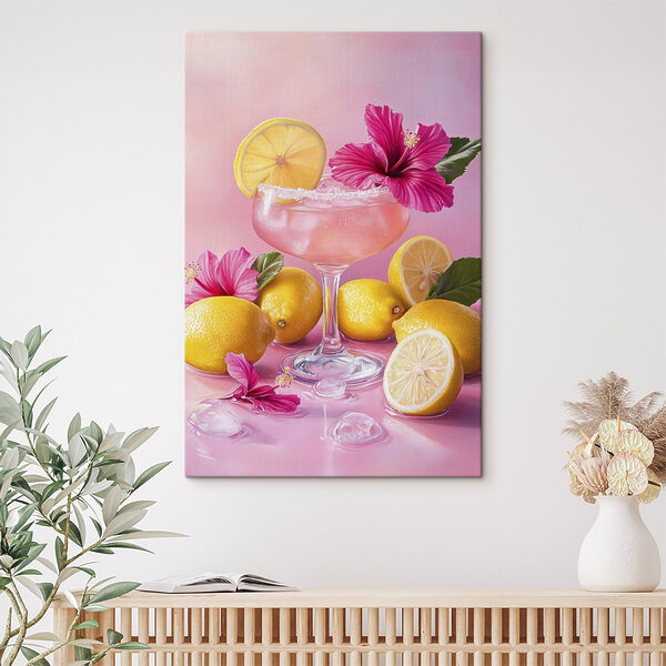 Cuadros Vaso con una bebida rosa y limones