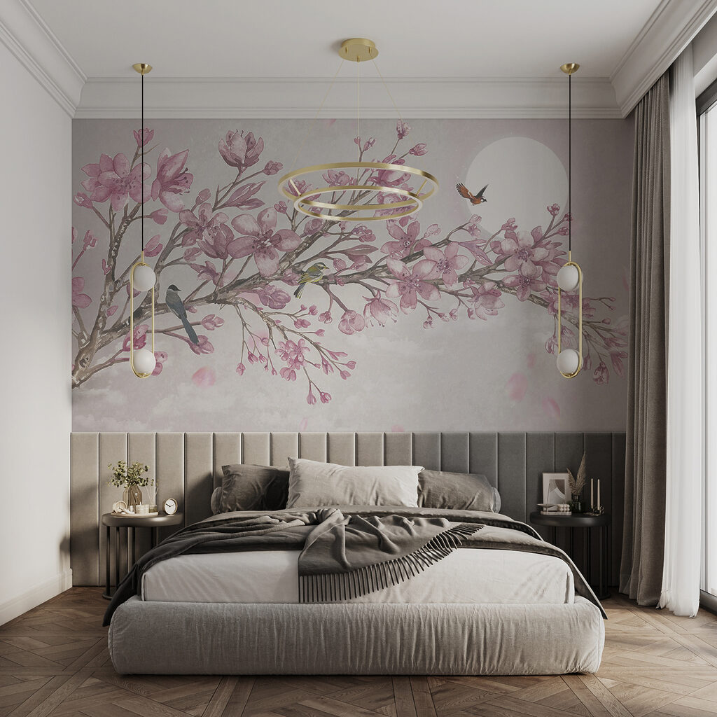 Painting of a branch with pink flowers and birds