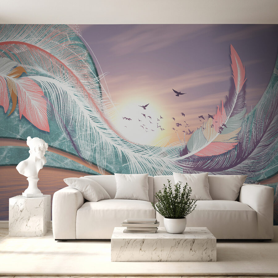 Plumas de colores y pájaros volando sobre el agua