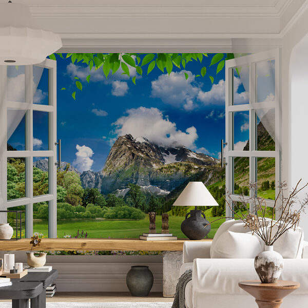 Ventana con vistas a una cadena montañosa y árboles Ventana con vistas a una cadena montañosa y árboles