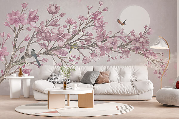 Painting of a branch with pink flowers and birds