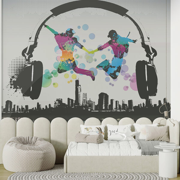 Couple of people jumping in the air with headphones Couple of people jumping in the air with headphones