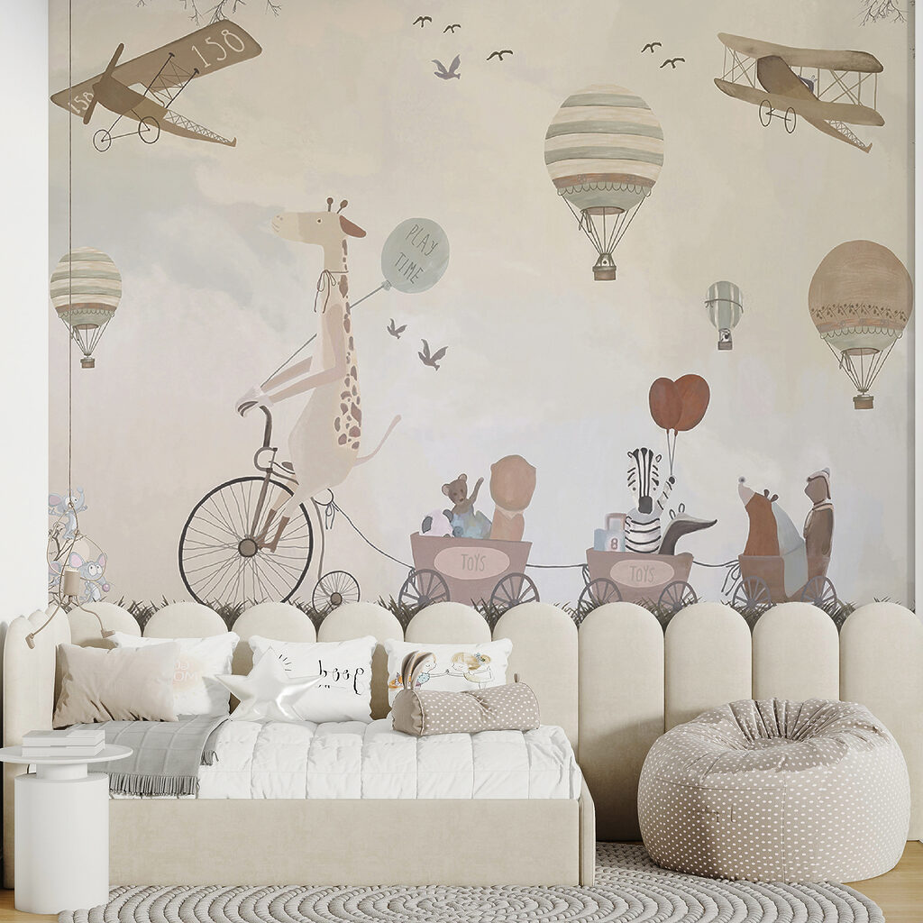 Mural of animals riding a train