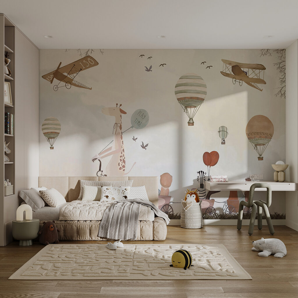 Mural of animals riding a train