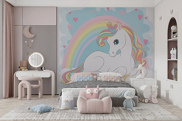 Unicornio sentado en una nube con arco iris y corazones Unicornio sentado en una nube con arco iris y corazones