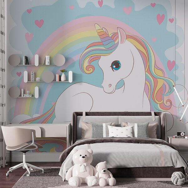 Unicornio sentado en una nube con arco iris y corazones Unicornio sentado en una nube con arco iris y corazones