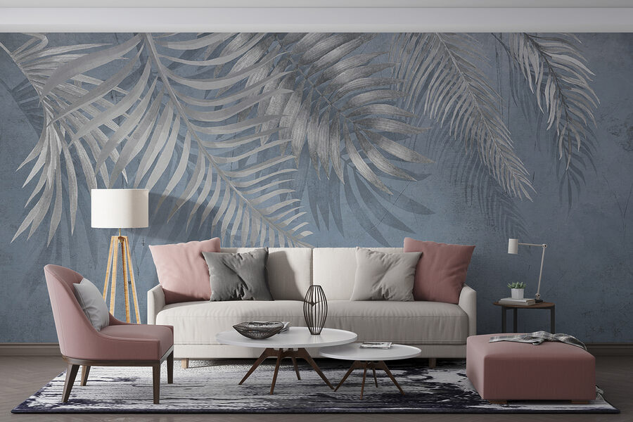 Fondo azul con hojas plateadas