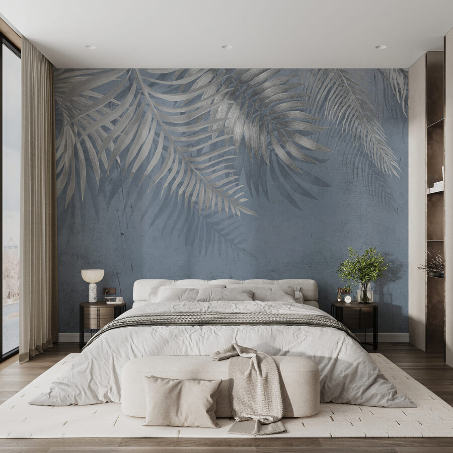 Fondo azul con hojas plateadas