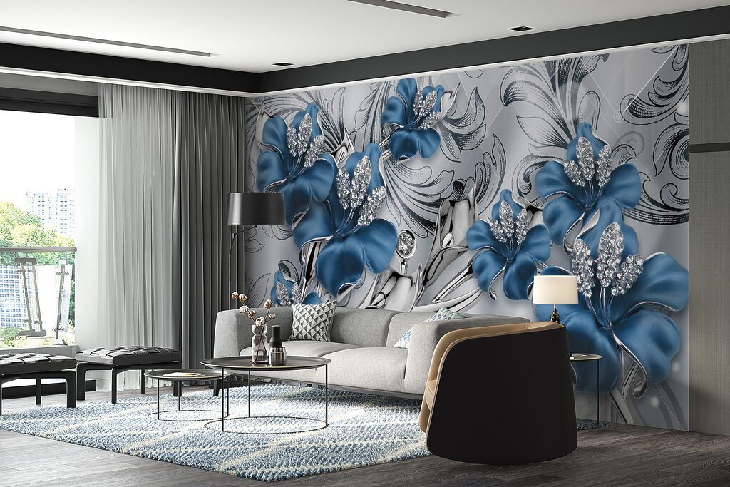 Silver and blue flowers on a silver and black background Silver and blue flowers on a silver and black background